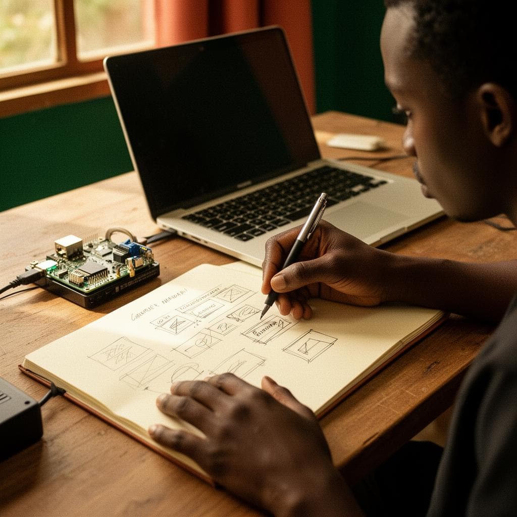 Hoodlynk engineer sketching wireframes beside an IoT device in a Nairobi studio