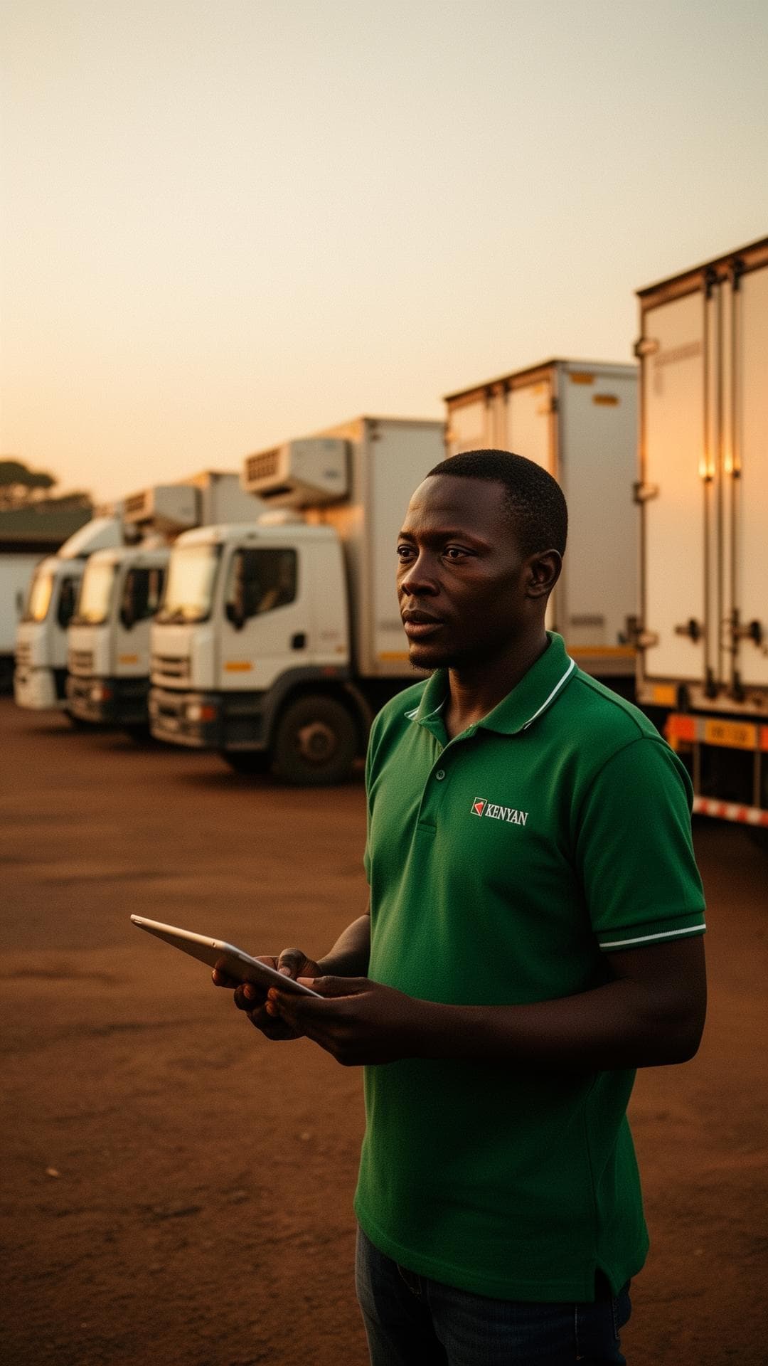 DAFRIC dispatcher in front of refrigerated fleet at dawn, Nairobi